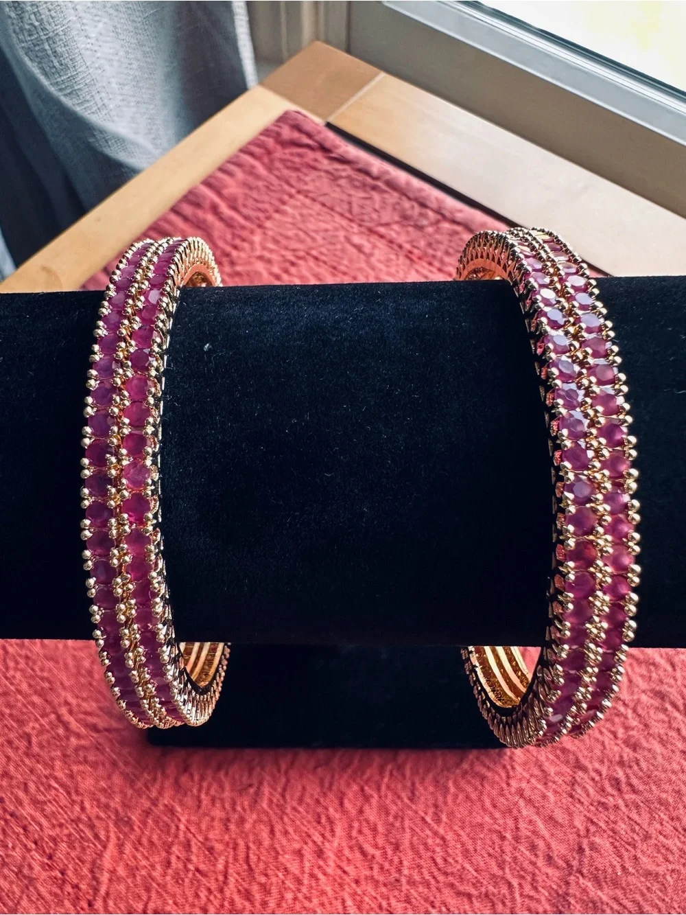 Gold-Tone Pink Stone Bangle Bracelets - Women Jewelry 2.8 size